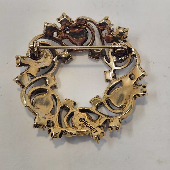 Monet Gold Tone Faux Pearl Crystal Wreath Brooch Pin Swirls Open Work Circle - Picture 3 of 5